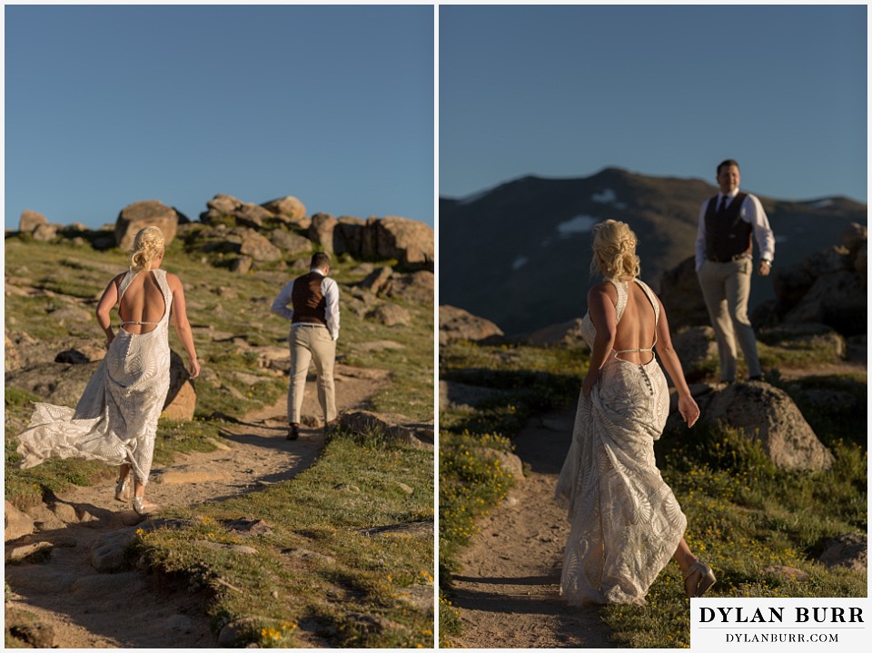 rocky mountain national park wedding elopement bride and groom adventuring on the mountain top