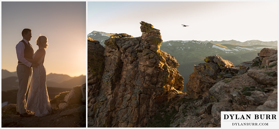 rocky mountain national park wedding elopement bride and groom standing on top of rocks as the sun being to set