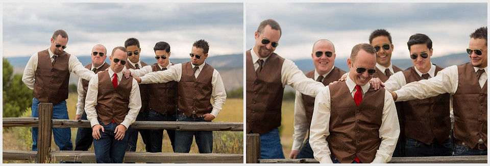 rustic outdoor wedding colorado groomsmen sad face funny photos