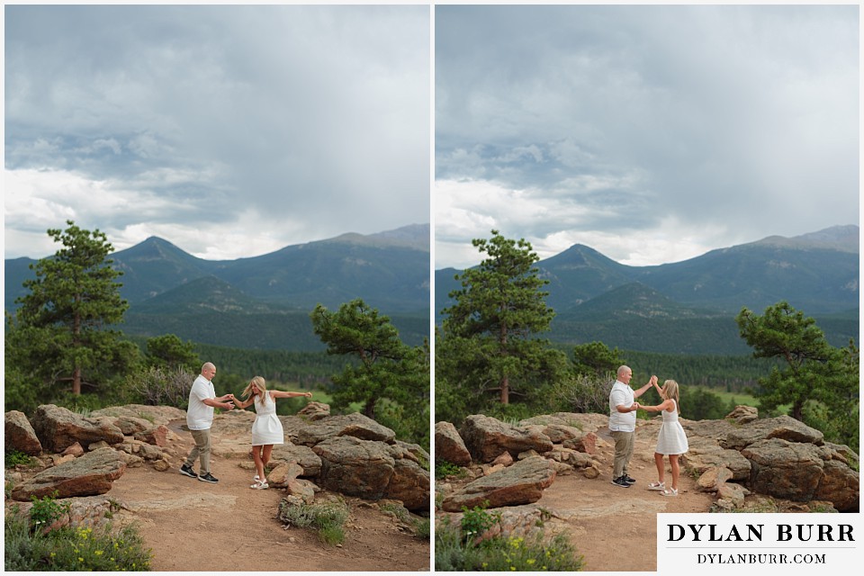 couple dancing together during spring engagement photo session in the mountains