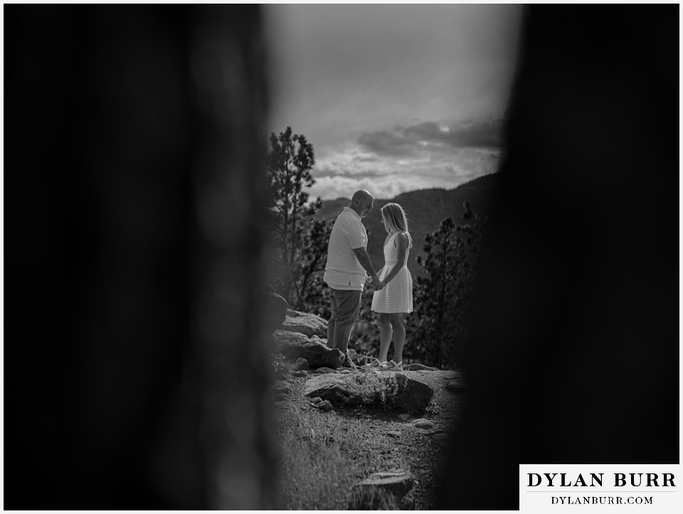 black and white spring engagement photo session in the mountains