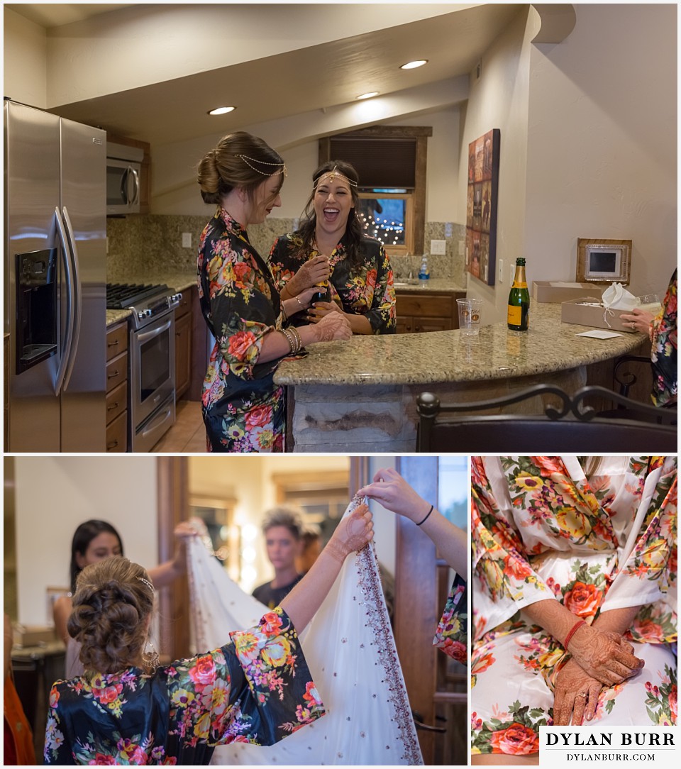 spruce mountain ranch wedding indian wedding maid of honor popping champagne brides mehndi henna hands