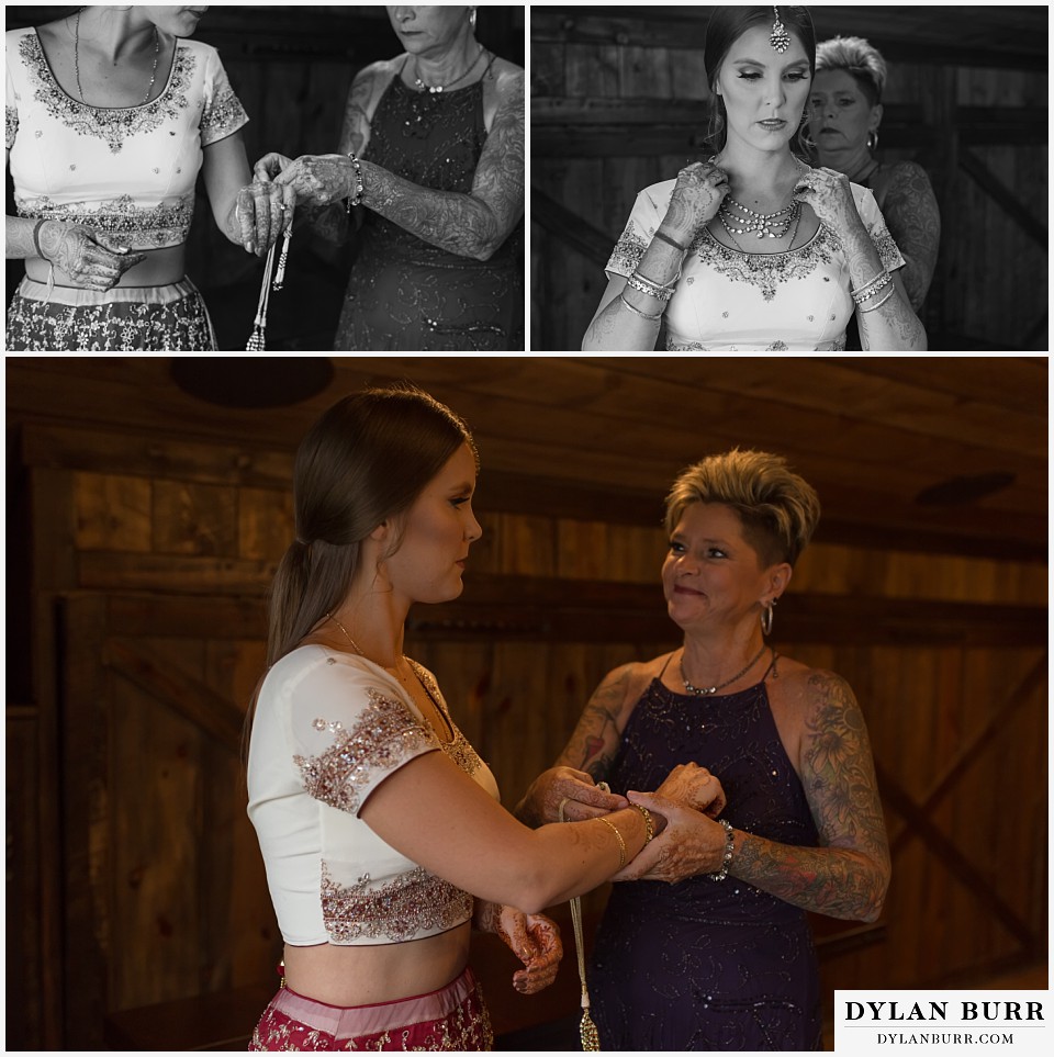 spruce mountain ranch wedding indian wedding bride and her mother putting on necklace
