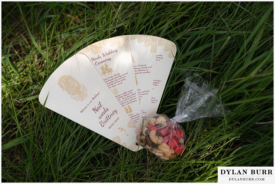 spruce mountain ranch wedding indian wedding ceremony program with snack nuts