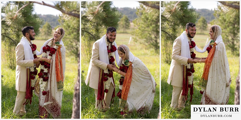 spruce mountain ranch wedding indian wedding bride and groom laughing together