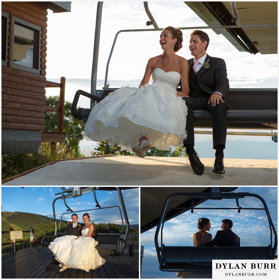 steamboat mountain weddings colorado bride and groom riding on ski lift
