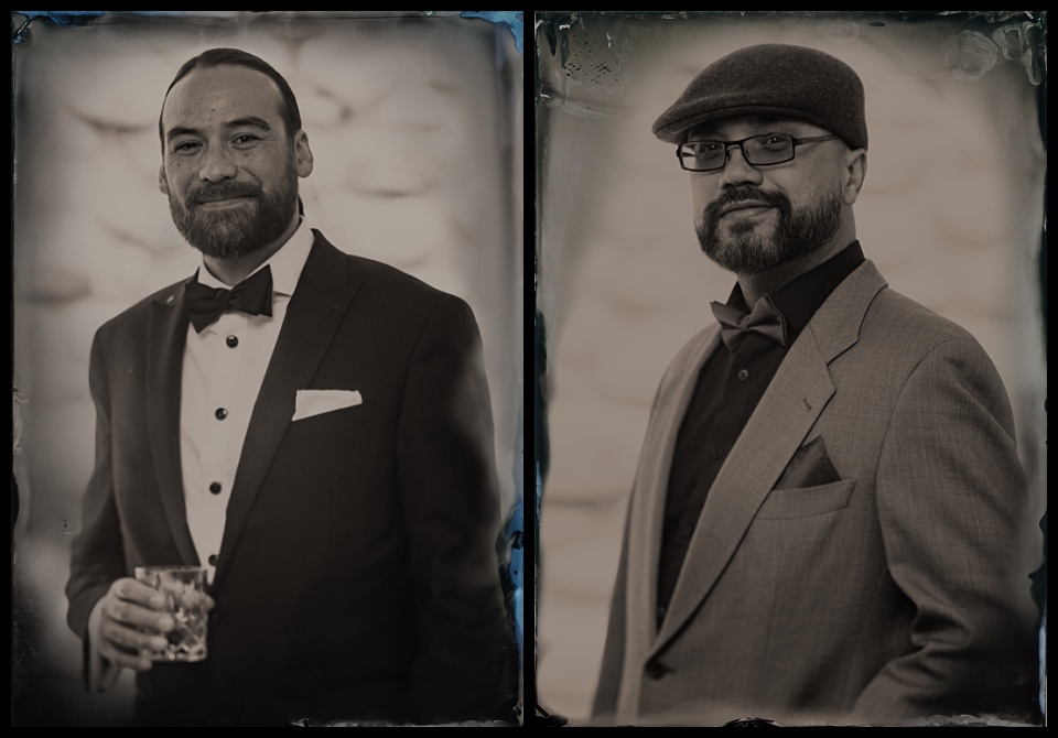 gentleman tintypes in tuxedos at a wedding