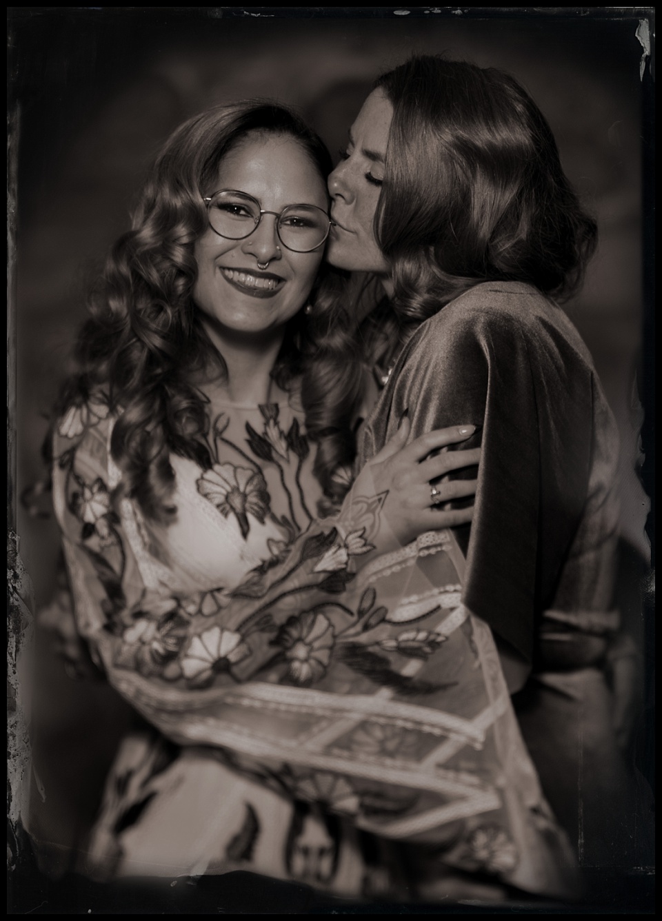 tintype portrait with bride and her mother