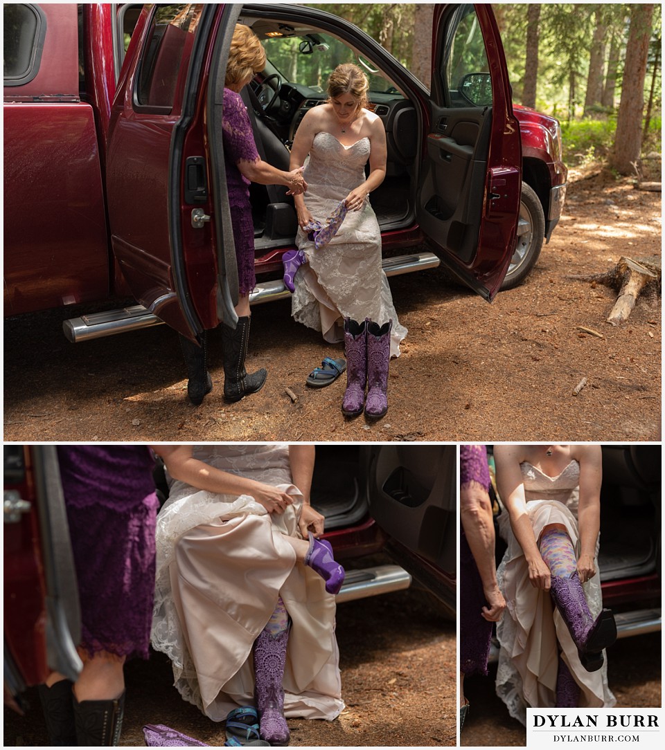 telluride colorado elopement wedding adventure bride putting on purple cowboy boots