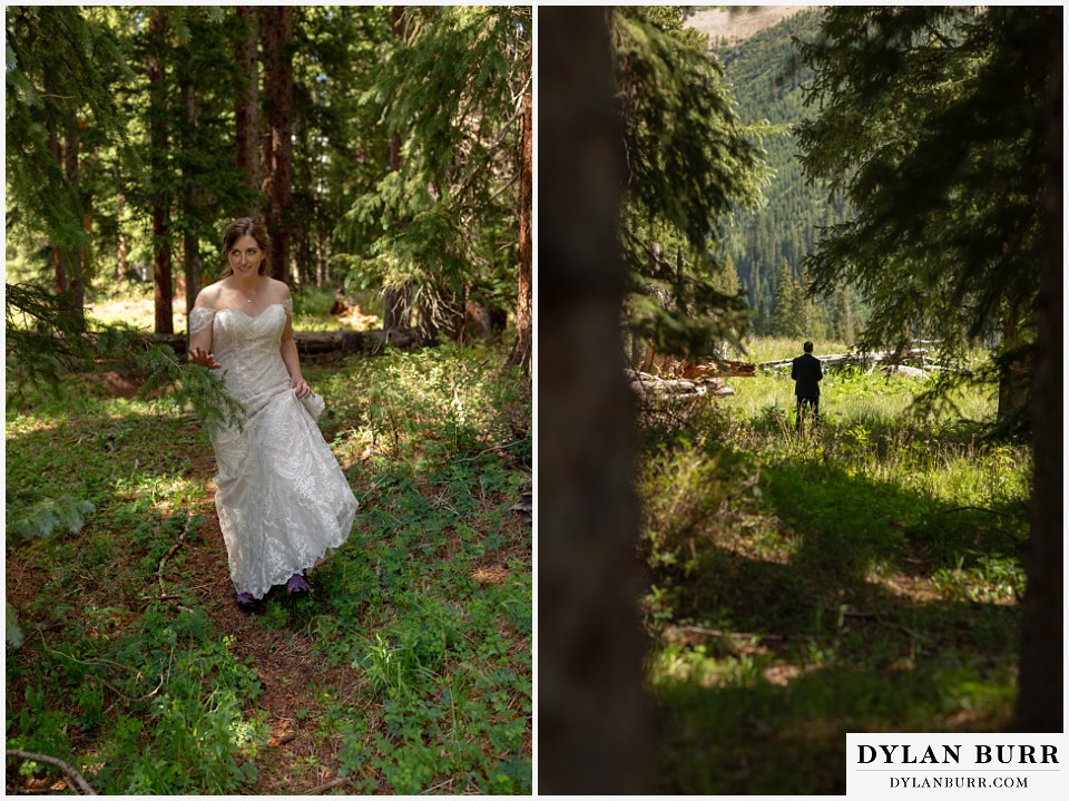 telluride colorado elopement wedding adventure bride walking towards groom first look