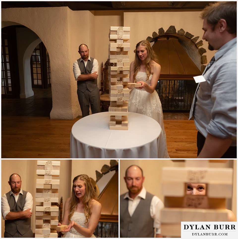 villa parker wedding parker colorado bride and groom playing giant jenga
