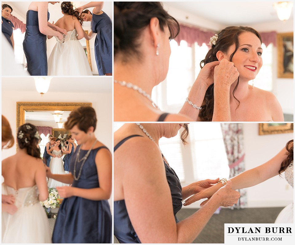 willow ridge manor wedding bride getting into dress and putting on jewelry