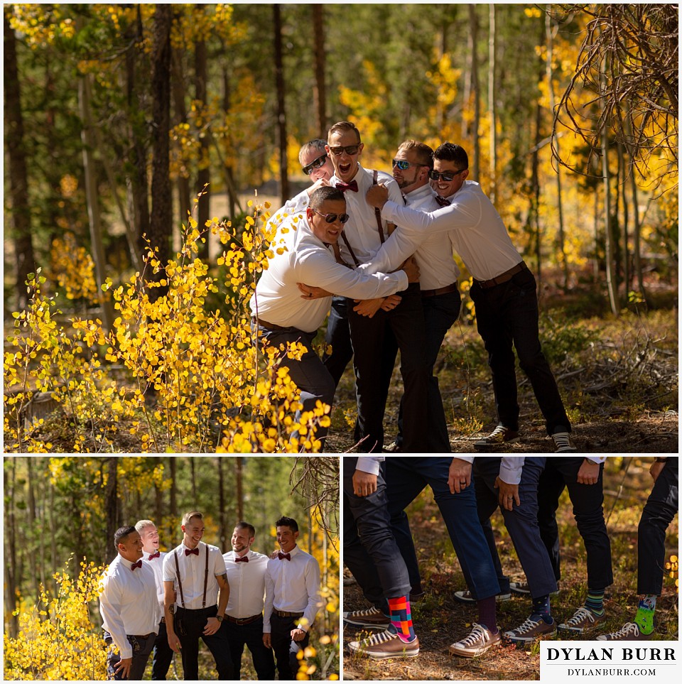 winter park mountain lodge wedding colorado groomsmen having fun in aspen trees groomsmen socks