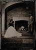 wedding tintype wet plate couple standing in front of fireplace